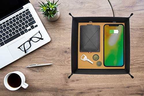 Charging Valet Tray, Built In 15W Fast Charger For Smartphones, Pu Leather Nightstand Organizer Charge Station, Desk Bedside Catchall Tray Jewelry Key Wallet Office/Home Use,Black #TOP1