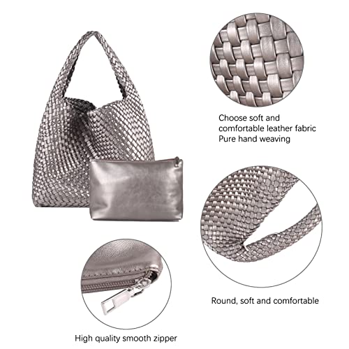 Image of Woven Tote Bag with Purse for Women Hobo Vegan Leather,Large Handmade Beach Handbag,Shoulder Underarm Bag (SILVER)