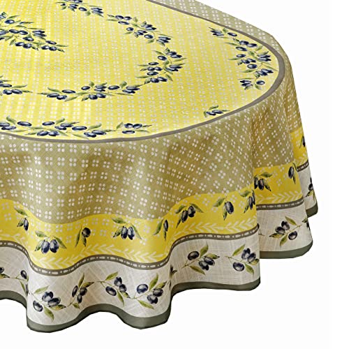 Home Bargains Plus Provence Olivier Yellow And Grey Olive Print Country French Fabric Tablecloth, Indoor Outdoor, Stain And Water Resistant, 60” X 102” Oval #TOP1