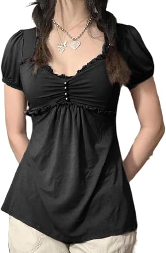 Women Fairy Grunge Coquette Shirts Retro Embroidery Flower Short Sleeve Tops 90s 2000s Y2K Girls Aesthetic Blouses