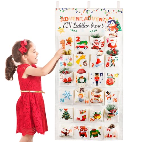HGRGHH Calendario de Adviento Tela, 2025 Calendario Adviento para Rellenar, Reutilizable Navidad Advent Calendar con 24 Bolsillos, Navideña Colgante para Cuenta Atrás y Decoraciób de Adviento