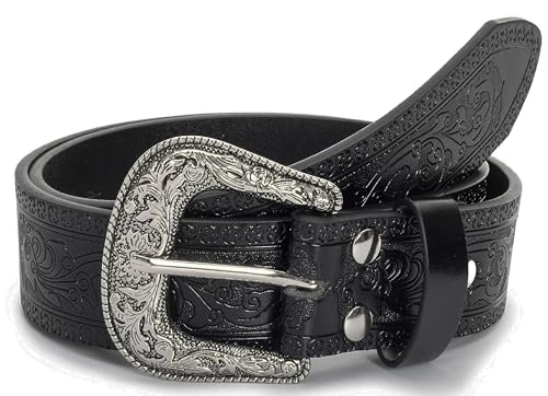NociHah Ceinture occidentale vintage réglable pour homme et femme avec boucle gravée pour cowboy-cowgirl de 71,1 à 96,5 cm, noir, Fit for Waist 28"-38"
