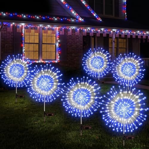 Tujoe 6 Pcs 4th of July Solar Firework Lights Patriotic Solar Light Outdoor Garden 120 LED 8 Modes Waterproof LED Sparkler Light for 250th Anniversary Patio Yard Pathway (Mix Blue and White)