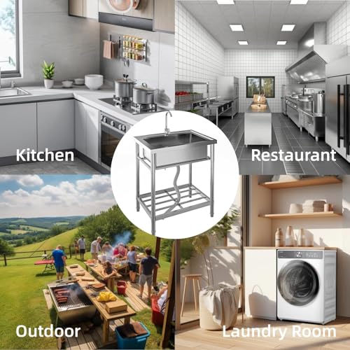 28x20x34 Inch Stainless Steel Utility Sink - Single Bowl Free Standing Sink with Cold and Hot Water Pipe, Commercial Kitchen Laundry Sink for Garage, Indoor, Outdoor, Workshop by PeakPursuit - Image 4
