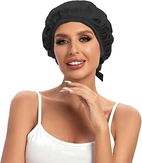 Cocheng 100% Mulberry Silk Bonnet Double-Sided Silk Sleep Cap with Adjustable Ribbon 19 Momme Bonnet for Sleeping(Black)