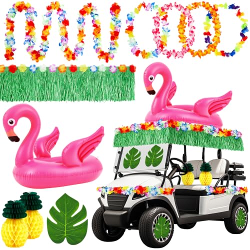 Image of WinnerWhy 29 Pcs Summer Tropical Golf Cart Parade Decorations Tropical Flower Leis Tinsel Garland Grass Fringe Banner Inflatable Flamingo Tube Paper Pineapples Leaves for Luau Party Supplies
