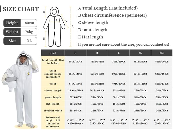 Condition photo showing New/Like New for sting-proof full body beekeeping suit, ultra light bee suit with 2 detachable veils & grade a goatskin gloves, unisex beekeeper gear for apiary backyard halloween, size m (fits 5'3"-5'7") | sting-proof ultra light fabric | 2 detachable veils | grade a goatskin gloves | elastic cuffs & waist m for 5'3" – 5'7"