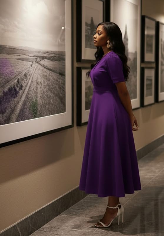 Image of MarryUP Women's Midi Dresses - V Neck Cocktail & Church Tea Dresses - Short Sleeve A-Line Swing Dress