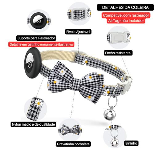 Coleira Pet Xadrez Anti Perda De Nylon Com Detalhes Reflexivos E Sininho + Gravatinha Borboleta, Col