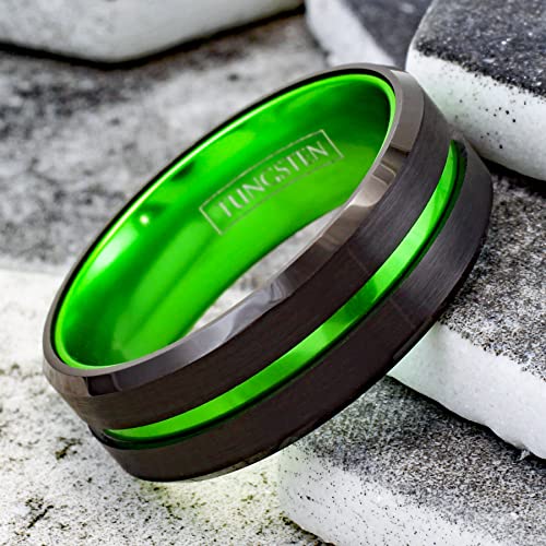 Sublime 6mm/8mm Black Tungsten Carbide Band Ring w/Lime Green Stripe & Matching Lime Green Anodized Aluminum Inner Band.4