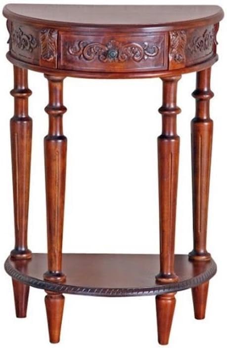 Pemberly Row Half Moon Wall Console Table, 30"H x 12"W x 20"D, Hardwood, Dual Walnut Stain Finish, One Drawer, Turned Legs, Bottom Shelf, Carved Details, Flat Wall Design for Living Room or Entryway