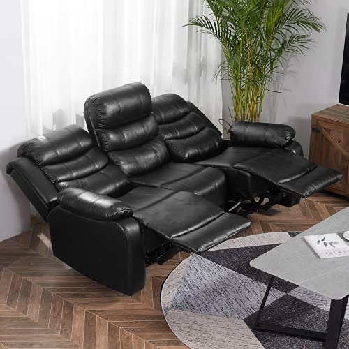 Mellcom Pu Leather Reclining Sofa, Upholstered Sofa Recliner Chair, Manual Reclining Home Theater Seating, Arm Chair For Living Room Reading Room Bedroom, Black, Three Seat #TOP6