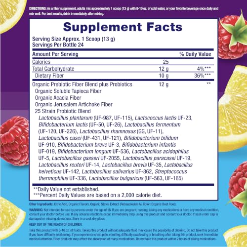 FiberWell Organic Fiber Powder Supplement | 10g | 11 oz | GLP-1 Friendly | Sugar Free | with Probiotics | for Digestive & Gut Health | Yummy Raspberry Lemon Flavor | Gluten and Dairy Free Formula - image 2
