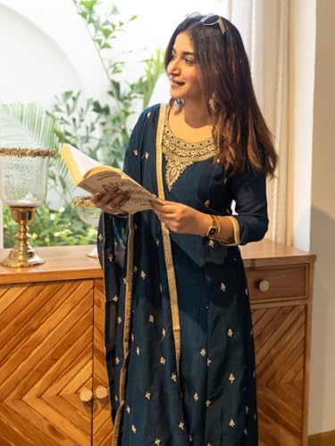 Image of VredeVogel Women's Silk Blend Embroidered Anarkali Kurta with Pant & Dupatta Set | Festive & Casual Women Ethnic Kurta Set for Women