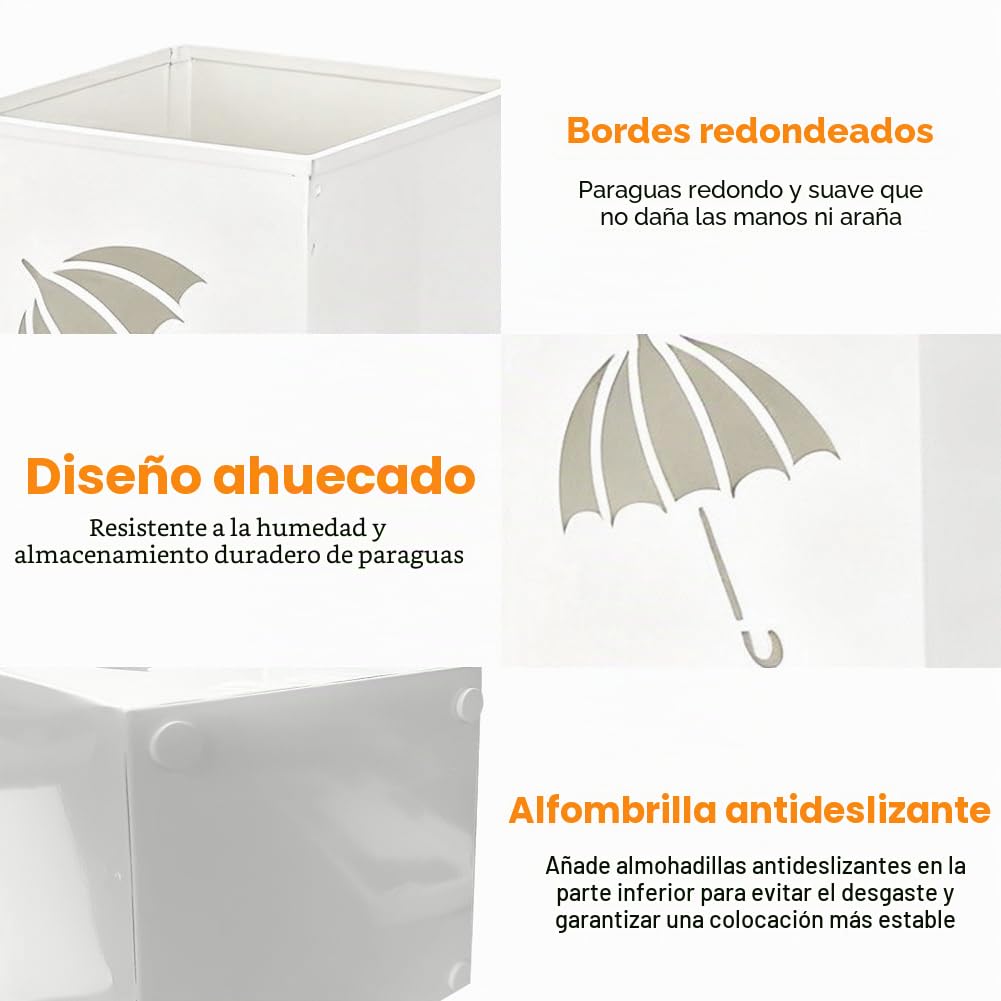 CEWROM Paragüero, paragüero de metal, impermeable e inoxidable, cuadrado independiente, bandeja de goteo extraíble para casa, oficina, entrada (blanco)