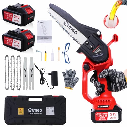 OUTIGO Tronçonneuse à batterie, 8 pouces, 2 * 4000mAh Akku, MINI Tronçonneuse sans fil, 4chaînes+3 barres de guidage de chaîne