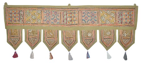 Tapiz decorativo para puerta de trabajo de patchwork y bordado étnico indio para colgar en el hogar, 39 x 13 pulgadas (caqui) Cover