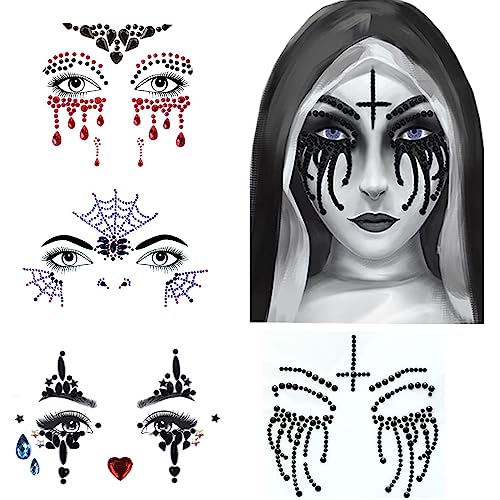 Halloween Face Gems Jewels,Day of the Dead Skull Spider Web Clown Rhinestone Face Tattoo Stickers for Men Women Kids Halloween Cosplay Makeup