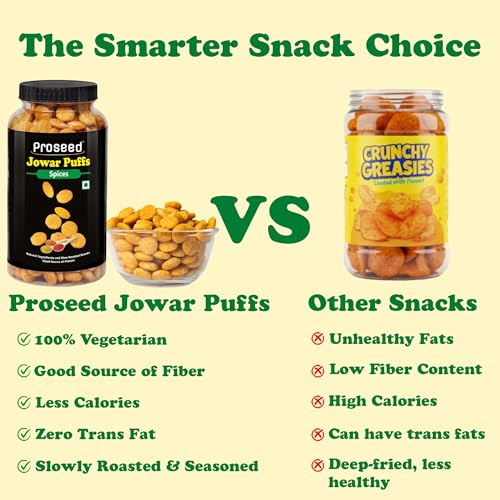 Image of Proseed Jowar Puffs (Spices & Tandoori) | 150g x 2 Packs (Total 300g) | Slow Roasted & 100% Veg | No Refined Flour, Sugar & Trans-Fat | Gluten Free, No Palm Oil | Healthy Travel Friendly Millet Snacks