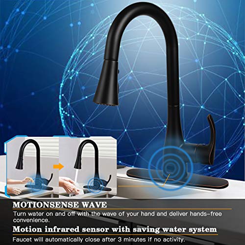 Motion Sensor Automatic Kitchen Faucet Touchless,Soosi Pull Down Kitchen Faucet Single Handle One/3 Hole 3 Setting Sprayer Oil Rubbed Bronze Solid Brass Kitchen Faucets Spot Free Lead-Free #TOP2