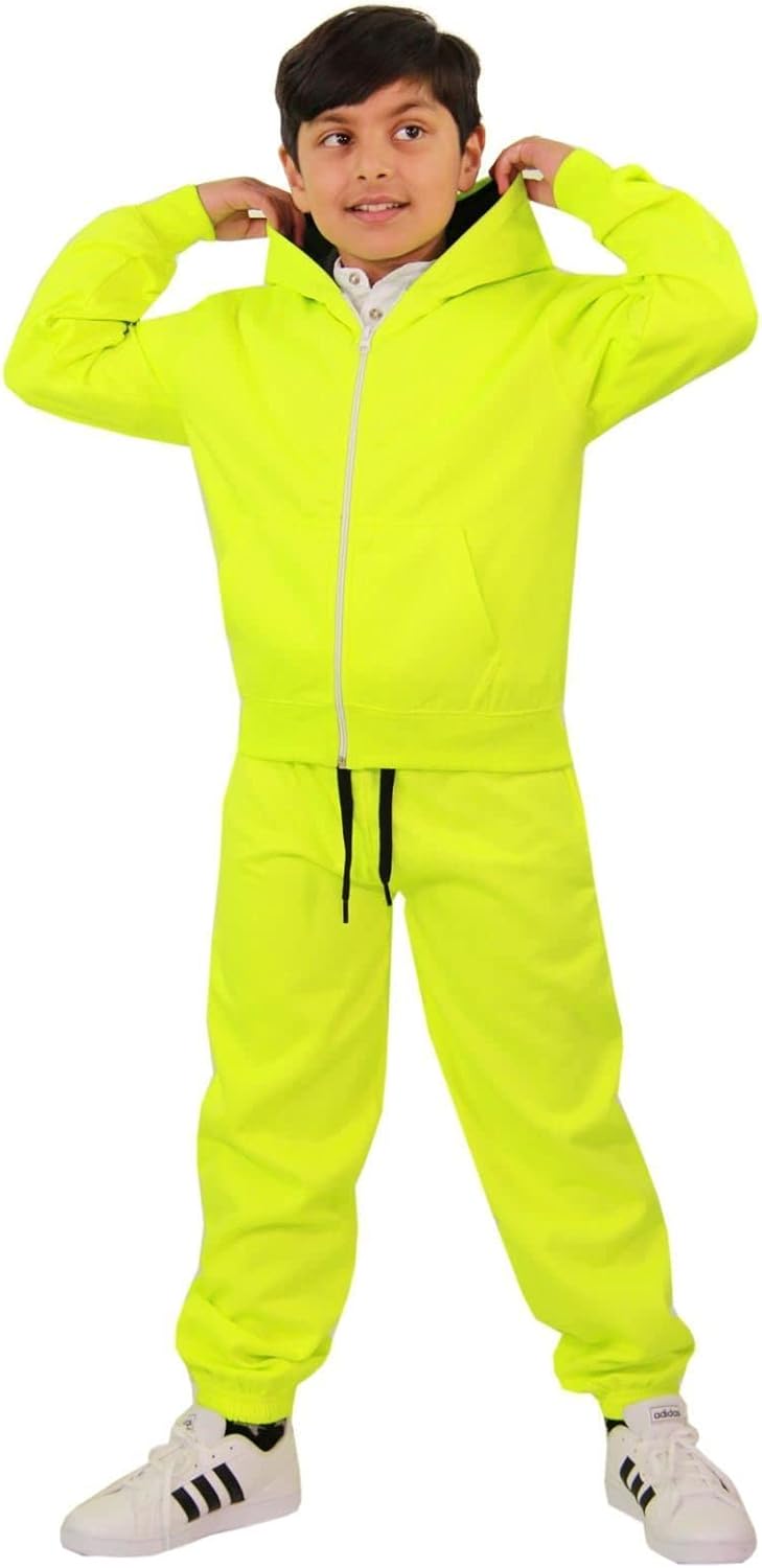 Plain Tracksuit Contrast Fleece Hoodie with Joggers - T.S Contrast Trim Neon Green Black 13.