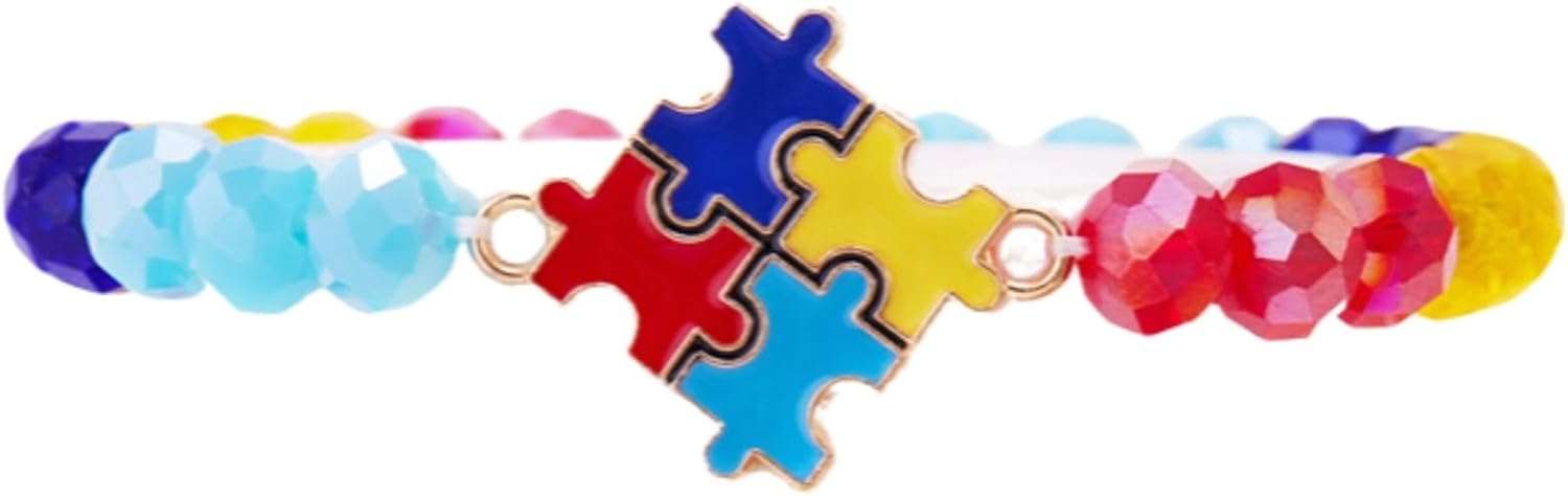 Autism Awareness Multicolor Heart Ribbon Puzzle Pendant Adjustable Bracelet Crystal Clay Letter Star Beads Stackable Wrist Jewelry Autism Gift