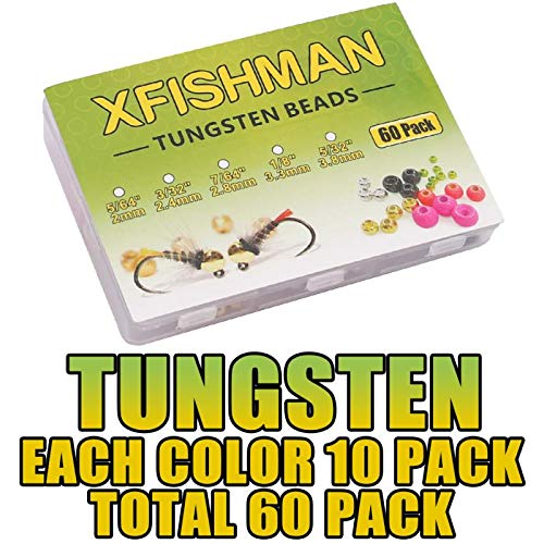 Xfishman Tungsten-Fly-Tying-Beads-Heads-Assortment Fly Tying Materials Nymph For Fly Fishing Tungsten Beads 60 Pack (1/8” 3.3Mm（6 Colors ） 60 Pack) #TOP5