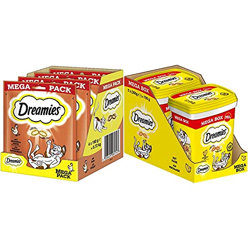 Dreamies Klassiker Katzensnacks mit Huhn – Katzenleckerli mit knuspriger Textur und cremiger Füllung – 4 x 180g & Mix Katzensnacks mit Käse-Geschmack – Außen knusprig & innen cremig – 2 x 350g