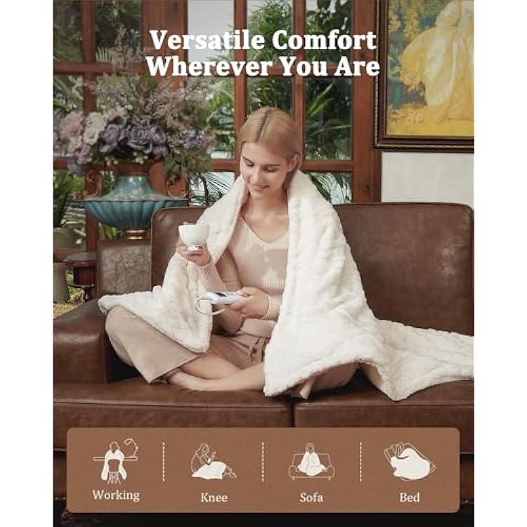 CAROMIO Heated Throw Blanket - Thick Tufted Sherpa Electric Blanket Throw with 10 Heating Levels and 10 Time Settings, ETL Certified Machine Washable Fast Heating Blanket Throw 5060, Off White