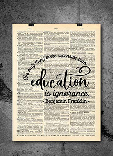 Benjamin Franklin Education Ignorance Quote Dictionary Art Print - Vintage Dictionary Art Decor Home Vintage Art Abstract Prints Wall Art for Home Decor Wall Decorations - Print Only