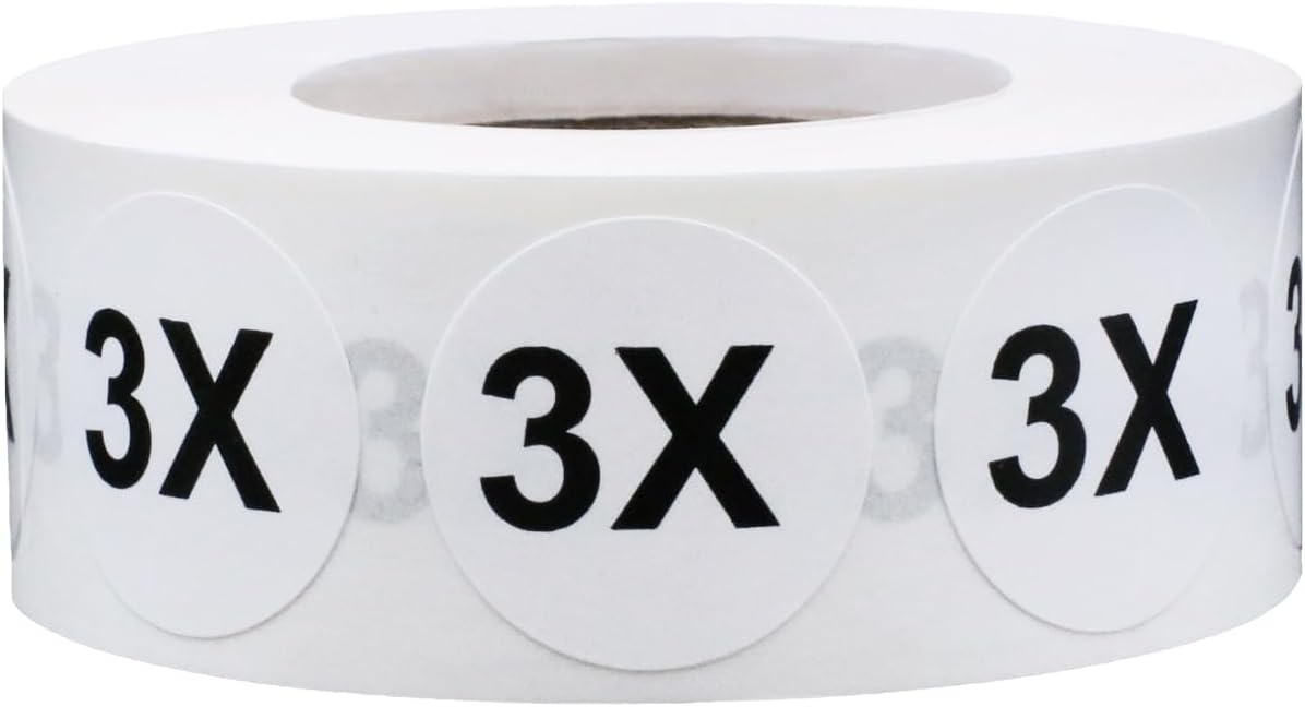 White Circle 3X Clothing Size Stickers - 3/4 Inch Round, 500 Adhesive Labels Per Roll for Retail Apparel, Clothing Organization, and Inventory - Made in the USA