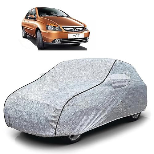 Image of Sulfar 100% Waterproof Car Body Cover Compatible with Mirror for Tata Indigo ECS (Triple Stitched, Full Bottom Elastic, Magic Silver with Black Piping)