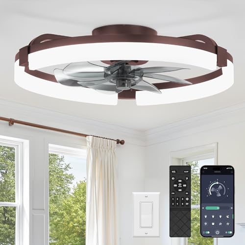 Image of LEDIARY 20 inch Ceiling Fans with Lights and Remote, Modern Low Profile Ceiling Fan, 3 CCT, Stepless Dimmable, Fandelier Flush Mount Fan Light, 6 Speeds, DC Motor, App & Remote Control for Bedroom(Brown)