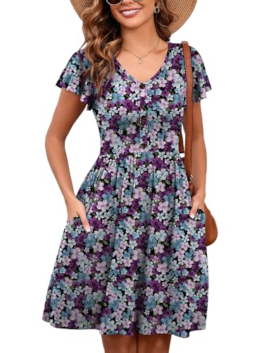 Image of Heymoments Women's Ruffle Sleeve V Neck Swing Sundress Summer Casual A-Line Midi Dress with Pockets S-2XL