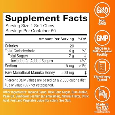 Force Factor Royal Manuka Honey, Pure New Zealand Manuka, Support Immune Health, Digestion & Energy, MGO 130, Sustainably Sourced, Honey-Lemon, 60 Soft Chews