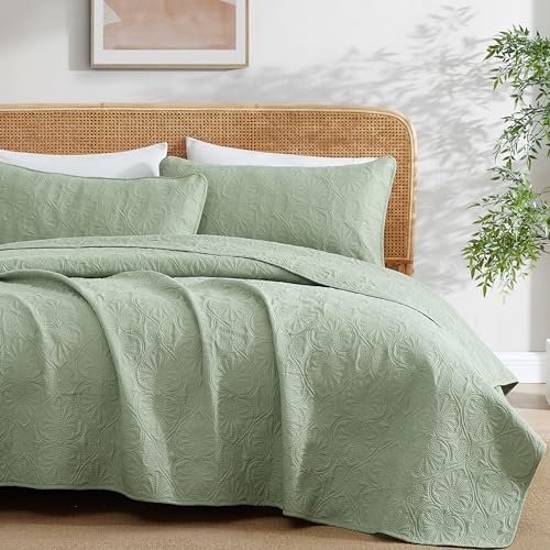 HLC.ME Benji - Sage Green Bedspreads Queen Size Quilt Set, Lightweight Summer Comforter Queen Bedspread Coverlet Set (Full/Queen, Sage Green)