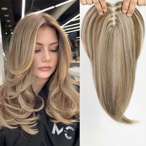 Starluck 18 Inch Sandy Brown & Ash Blonde Layered Hair Topper with Bangs for Women, Swiss Base with 3 Clips
