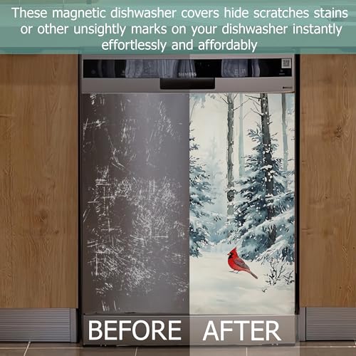 Image of Dishwasher Magnets Decorative Cover,Winter Pine Forest Refrigerator Magnet Cover,Washable Red Cardinal Dishwasher Front Panel Cover Home Kitchen Decoration 23x26 Inch