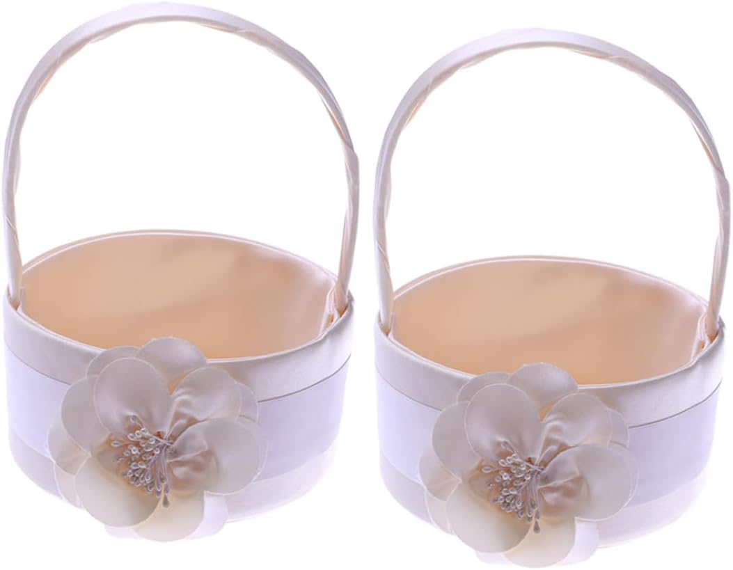 KALLORY 2pcs Light Gold Satin Wedding Flower Girl Baskets with Floral Decor, Handheld Petal Basket for Bridal Ceremony, Elegant Wedding Supplies for Flower