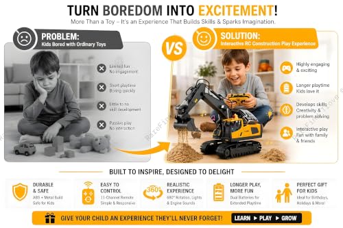 Image of RC JCB Toy Excavator for Kids - 1:20 11-Channel Metal Remote Control Construction Vehicle with Lights, Sounds & 680 Rotation Yellow Digger Truck (Ages 6-12)
