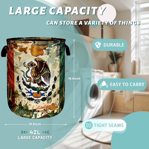 Image of Retro Mexican Flag Laundry Basket Oxford Cloth Hamper 18.9x16.5 Inch | Foldable With Handle Tote Bag Mexican Cactus Laundry Hamper Clothes Storage Bucket Toy Organizer For Bathroom /Laundry /Bedroom