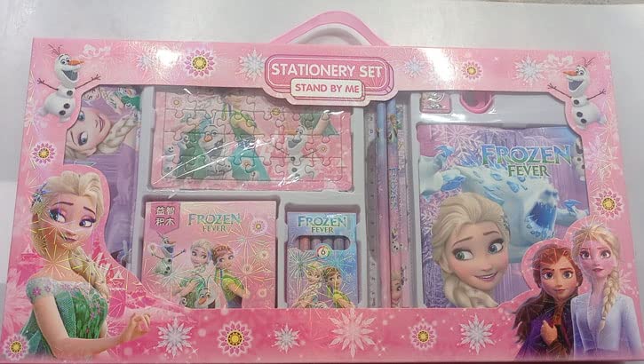 Varna Stationary Kit Best Gift for Kids Includes 1Pencil Box, 1Sharpener, 1Eraser, 6Color Pens, 2Pencils, 1Scale, 1Note Book, 29Leggos Box, 1Puzzle, Multicolor (Frozen)