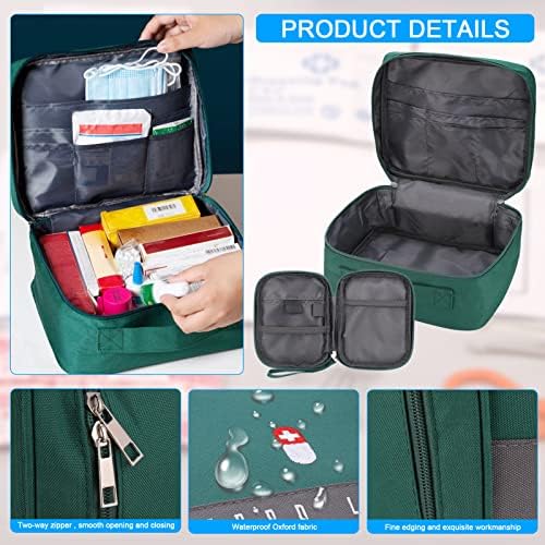 2 Pcs First Aid Bag Empty, Waterproof Medical Bag, 2 Size Travel Medicine Bag, Medicine Storage Bag Built-in Compartment, Portable Medicine Bag for Travelling Camping Home Hiking (Green)