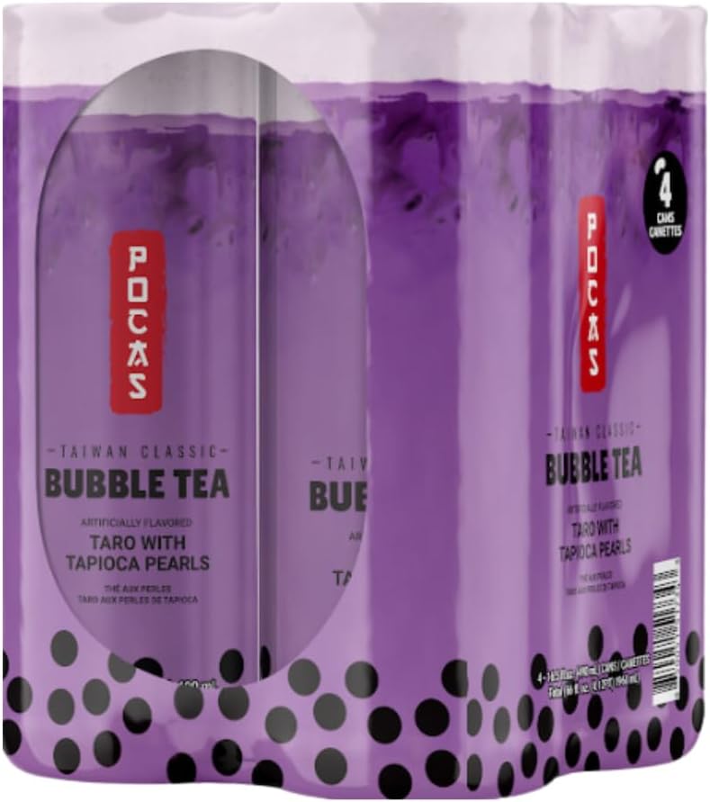 Pocas Bubble Tea with Tapioca Pearls, (Pack of 4, 16.5 oz), Asian Drinks, Refreshing Milk Tea with Boba Pearls (Taro)