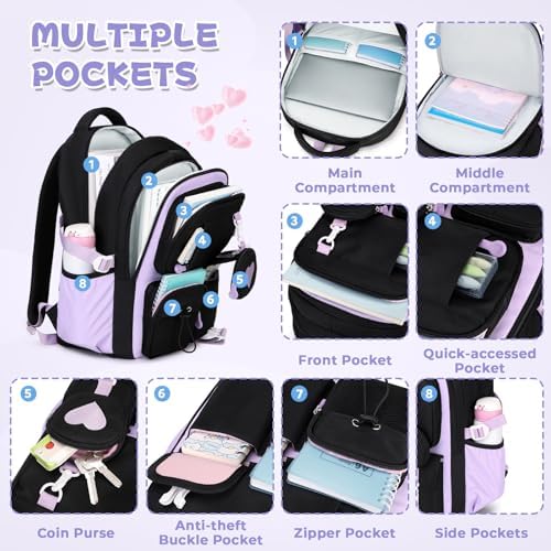 QIXIHU Girls Backpack, Kids Backpack for Girls, School bag for Primary Elementary Teenage, Middle School Students Bookbag Black purple - 2