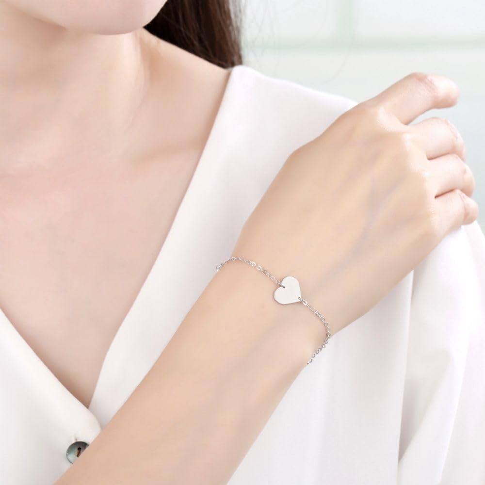 Adabele Solid Sterling Silver 18K White Gold Heart Link Charm Chain Bracelet 7 7.5 8 Inch Tarnish Resistant Hypoallergenic Nickel Free Women Jewelry