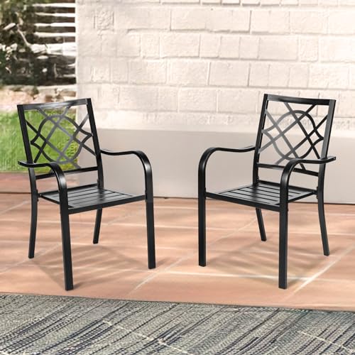 SUNCROWN 2 Pieces Wrought Iron Black Chairs 300 Lbs Outdoor Dining Chairs, Patio Metal Stackable Chair with Armrest for Backyard, Garden, Poolside
