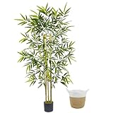 Warmplants Artificial Bamboo Tree, 6ft Tall Natural Bamboo Trunk Fake Greenery Plant with Basket, Indoor Outdoor Large Silk Leaves Faux Tree for Home Office Décor