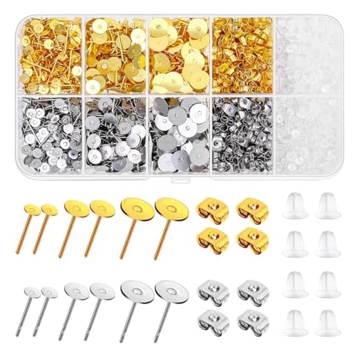 Hypoallergenic Earring Posts and Backs, Caffox 2000pcs Stud Earring Making Kit with Earring Base and Earring Backs for Leather Stud, Clay, Pearl Jewelry Making (Gold & Silver)