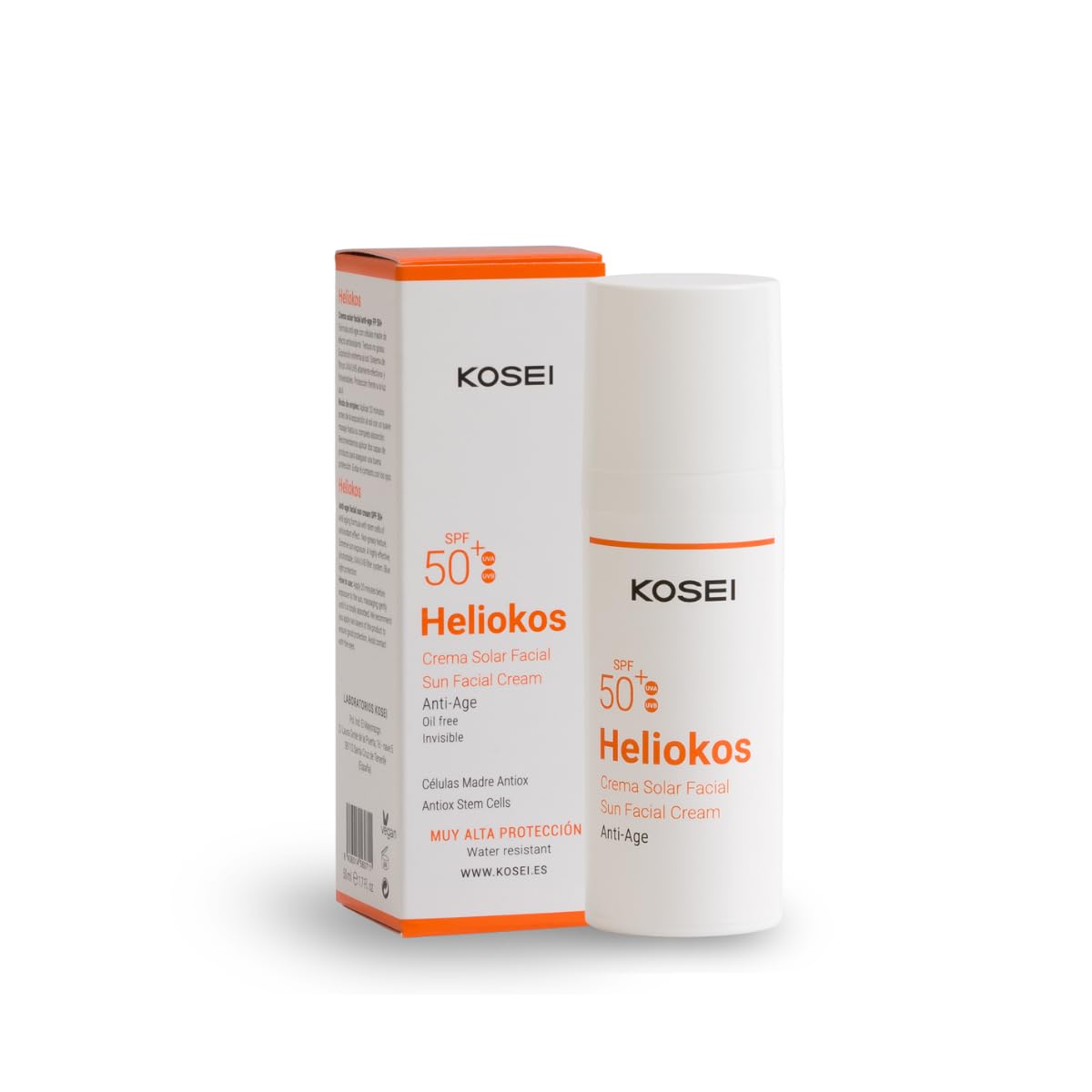 KOSEI | HELIOKOS Crema Protector solar facial 50 | Crema Solar Cara | Previene de las Quemaduras y Enrojecimiento | Protección UVA/UVB y Células Madre de Uva | Crema Antiarrugas | Vitamina E